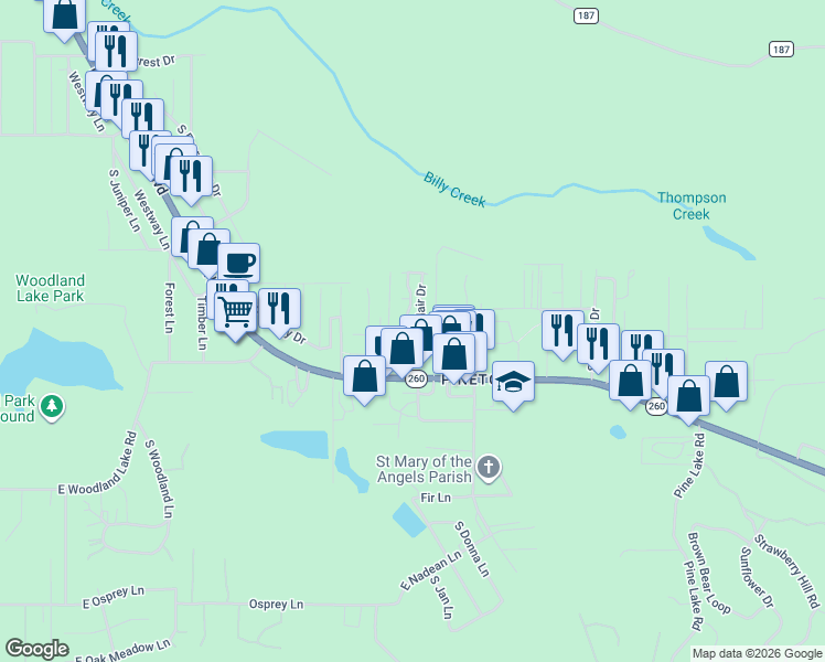 map of restaurants, bars, coffee shops, grocery stores, and more near 65 Adair Drive in Pinetop-Lakeside