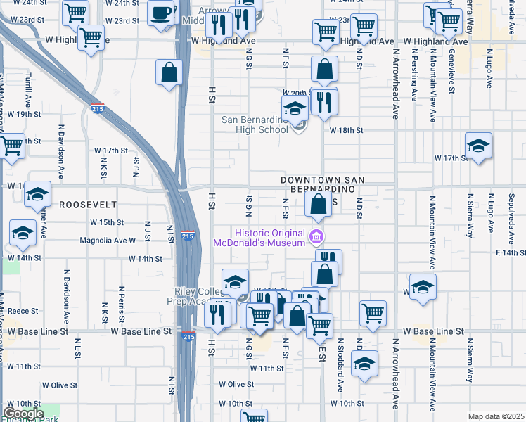 map of restaurants, bars, coffee shops, grocery stores, and more near 1579 North G Street in San Bernardino