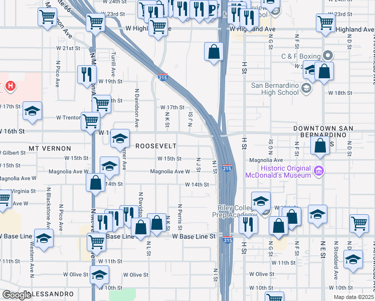 map of restaurants, bars, coffee shops, grocery stores, and more near 1024 West Evans Street in San Bernardino