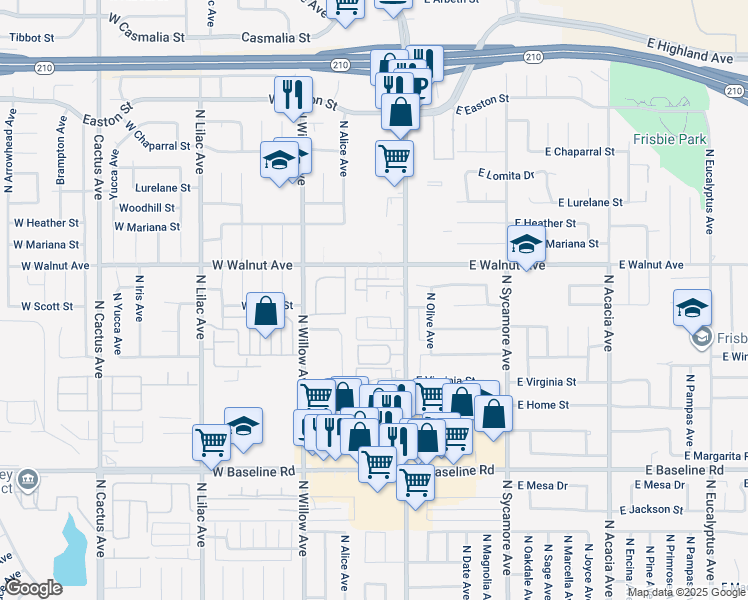 map of restaurants, bars, coffee shops, grocery stores, and more near 1551 North Palm Avenue in Rialto