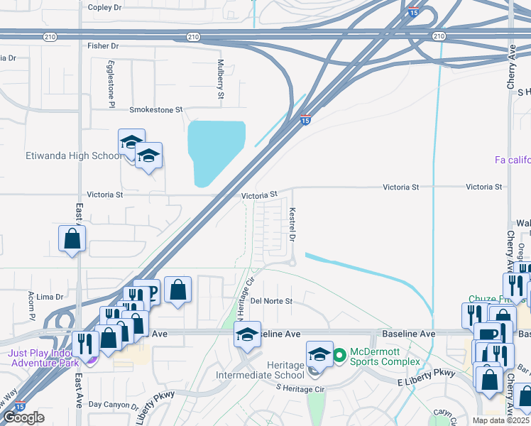 map of restaurants, bars, coffee shops, grocery stores, and more near 13827-13843 Victoria Street in Fontana