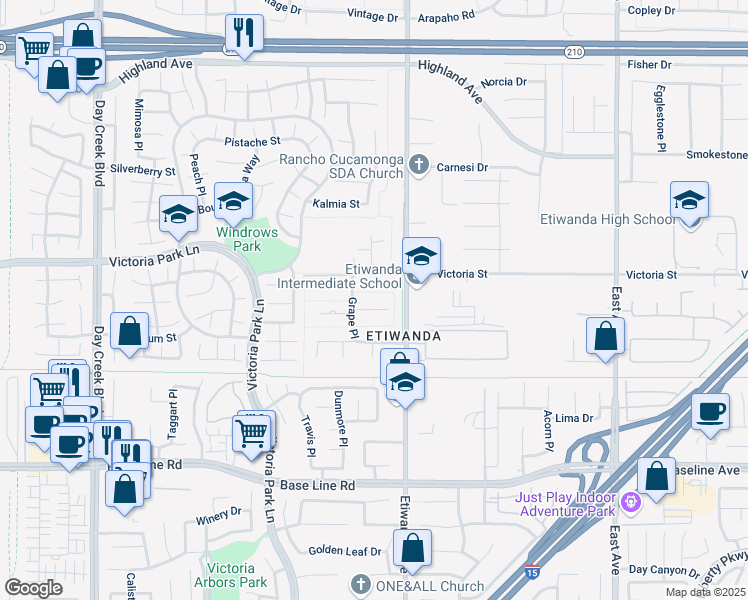 map of restaurants, bars, coffee shops, grocery stores, and more near 12839 Victoria Street in Rancho Cucamonga