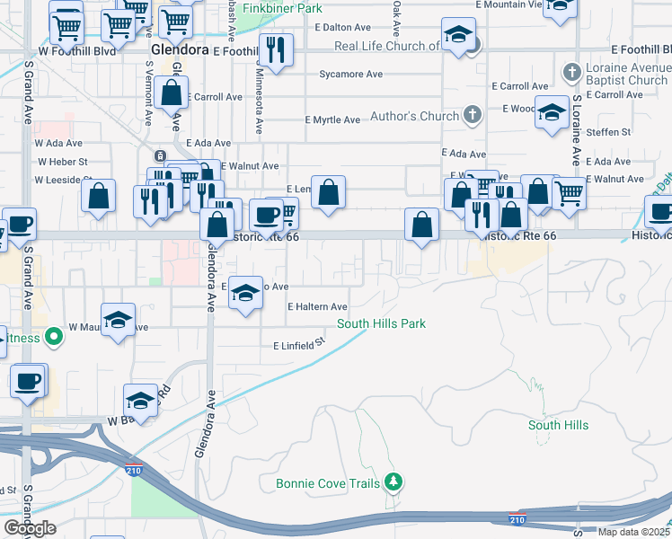 map of restaurants, bars, coffee shops, grocery stores, and more near 634 Marion Place in Glendora