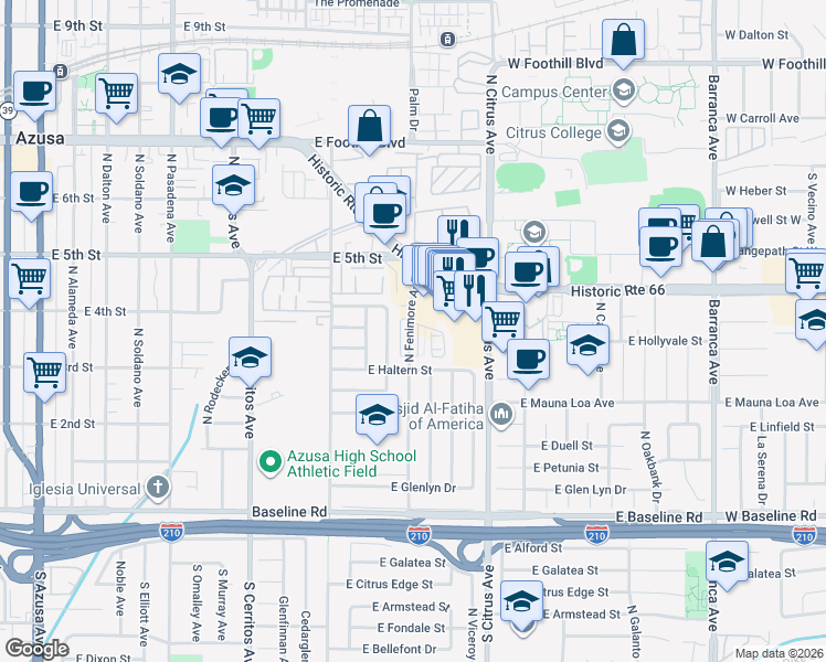 map of restaurants, bars, coffee shops, grocery stores, and more near 854 East Alosta Avenue in Azusa