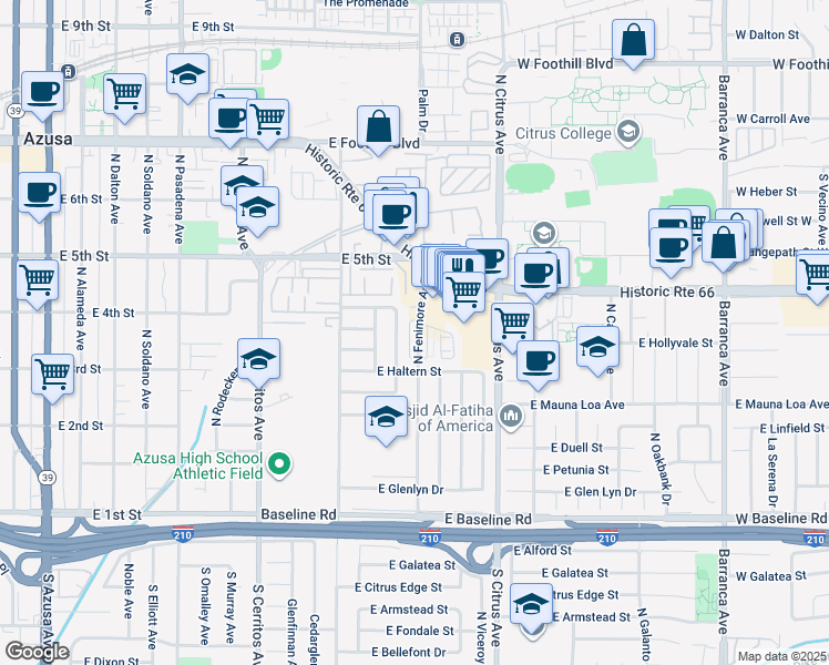 map of restaurants, bars, coffee shops, grocery stores, and more near 352 North Twintree Avenue in Azusa