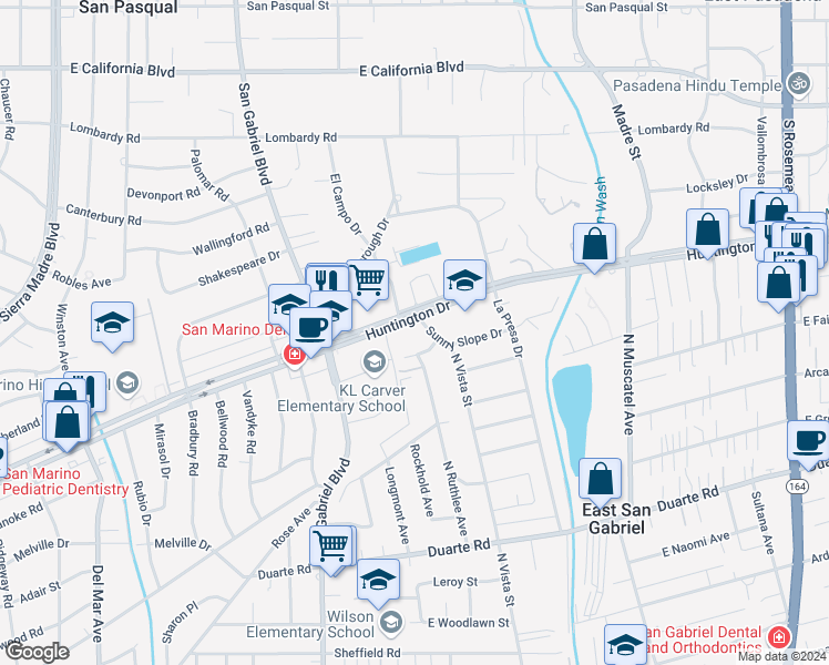 map of restaurants, bars, coffee shops, grocery stores, and more near in East Pasadena