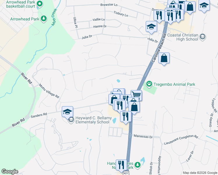 map of restaurants, bars, coffee shops, grocery stores, and more near 139 Grand Champion Rd in Wilmington