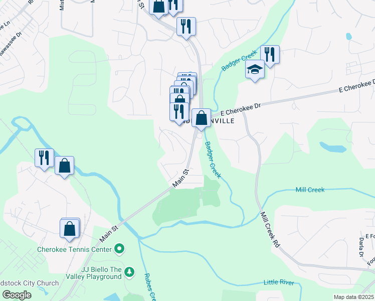 map of restaurants, bars, coffee shops, grocery stores, and more near 147 Madison Bend in Woodstock