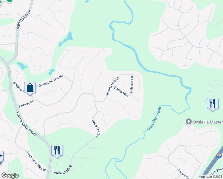 map of restaurants, bars, coffee shops, grocery stores, and more near 5010 Winding Hills Lane in Woodstock