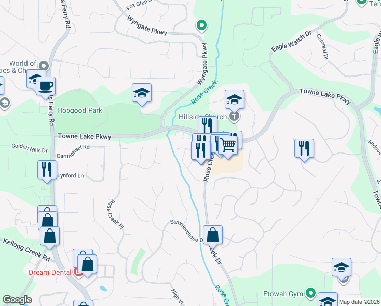 map of restaurants, bars, coffee shops, grocery stores, and more near 227 Park Place in Woodstock