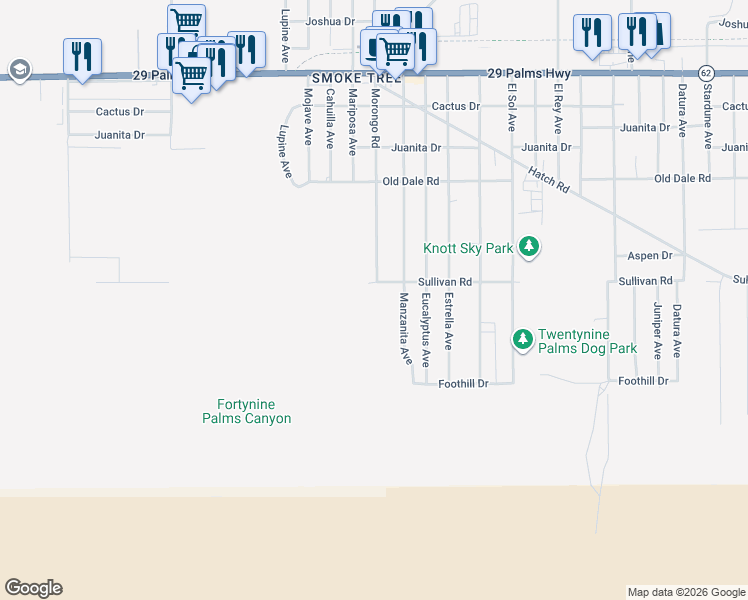 map of restaurants, bars, coffee shops, grocery stores, and more near Morongo Road in Twentynine Palms