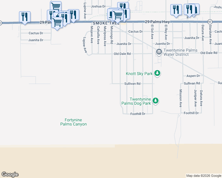 map of restaurants, bars, coffee shops, grocery stores, and more near 6894 Morongo Road in Twentynine Palms