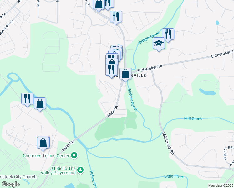 map of restaurants, bars, coffee shops, grocery stores, and more near 147 Madison Bend in Woodstock