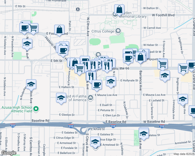 map of restaurants, bars, coffee shops, grocery stores, and more near 950 East Alosta Avenue in Azusa