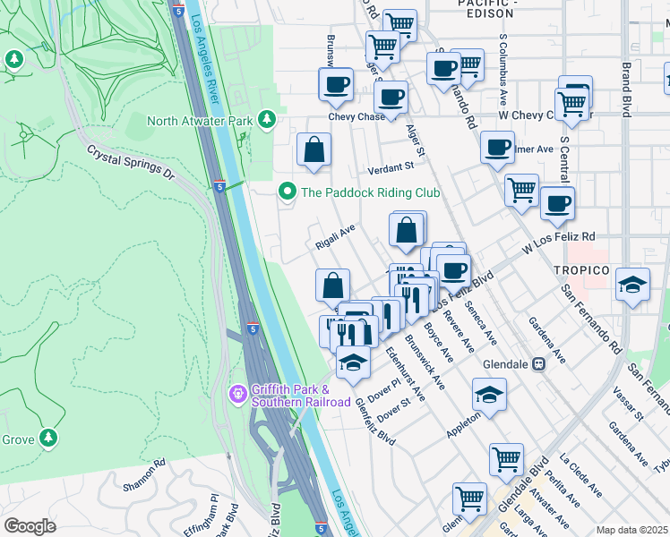 map of restaurants, bars, coffee shops, grocery stores, and more near 4146 Edenhurst Avenue in Los Angeles