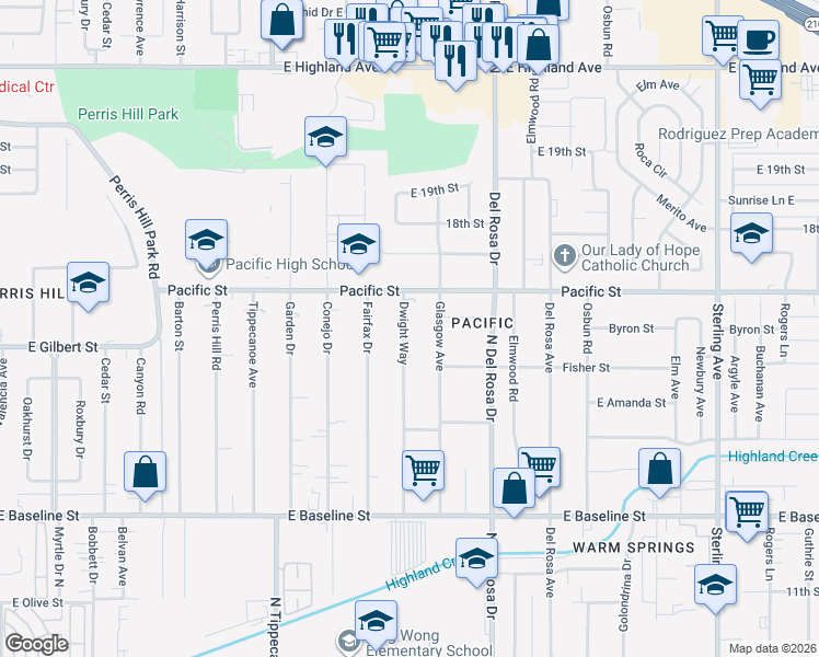 map of restaurants, bars, coffee shops, grocery stores, and more near 6967 Dwight Way in San Bernardino
