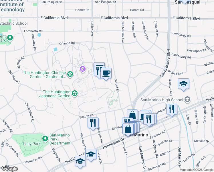 map of restaurants, bars, coffee shops, grocery stores, and more near 1112 Oxford Road in San Marino