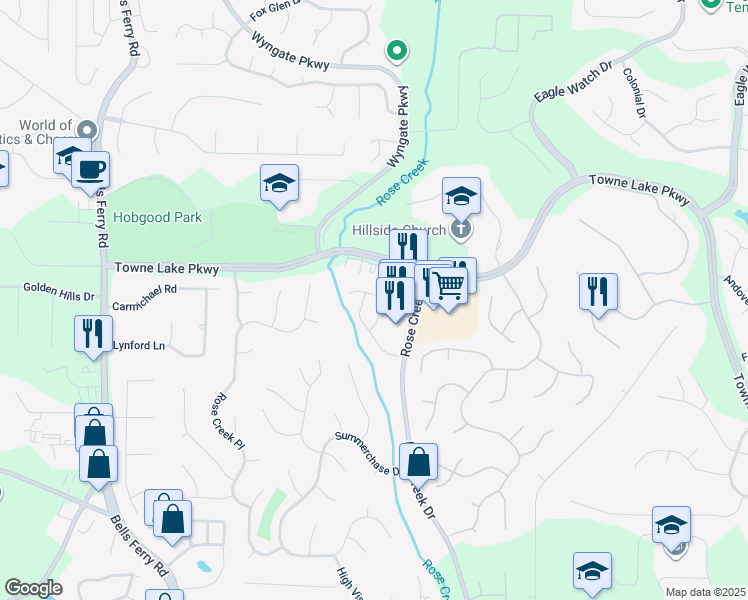 map of restaurants, bars, coffee shops, grocery stores, and more near 227 Park Place in Woodstock