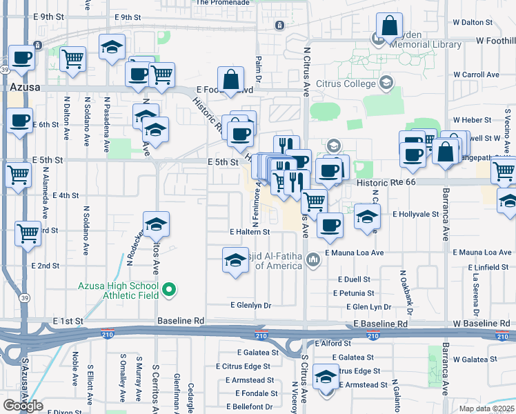 map of restaurants, bars, coffee shops, grocery stores, and more near 854 East Alosta Avenue in Azusa