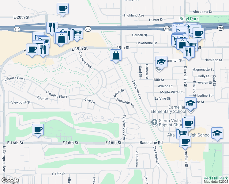 map of restaurants, bars, coffee shops, grocery stores, and more near 1571 Bison Street in Upland