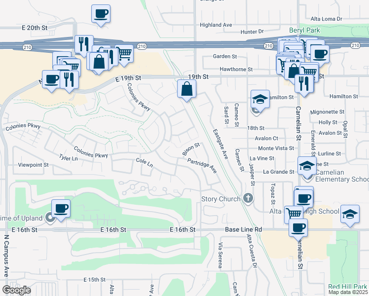 map of restaurants, bars, coffee shops, grocery stores, and more near 1571 Bison Street in Upland