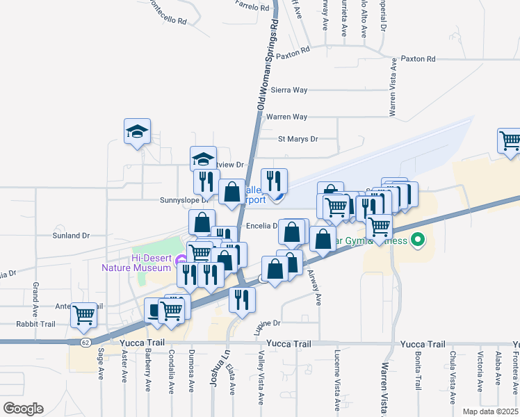 map of restaurants, bars, coffee shops, grocery stores, and more near Aviation Drive in Yucca Valley