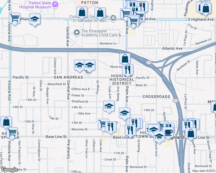 map of restaurants, bars, coffee shops, grocery stores, and more near 6962 Cole Avenue in Highland