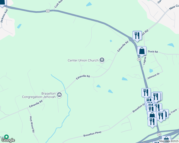 map of restaurants, bars, coffee shops, grocery stores, and more near 610 Ednaville Road in Braselton
