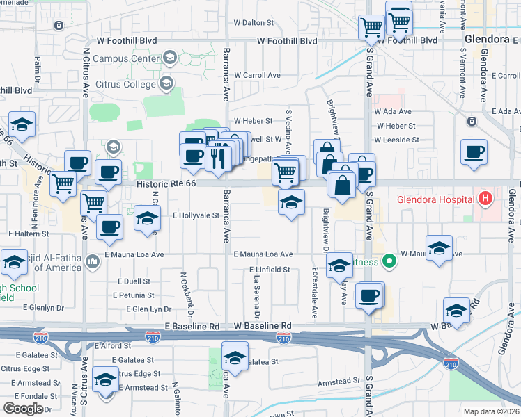 map of restaurants, bars, coffee shops, grocery stores, and more near 802 West Bagnall Street in Glendora