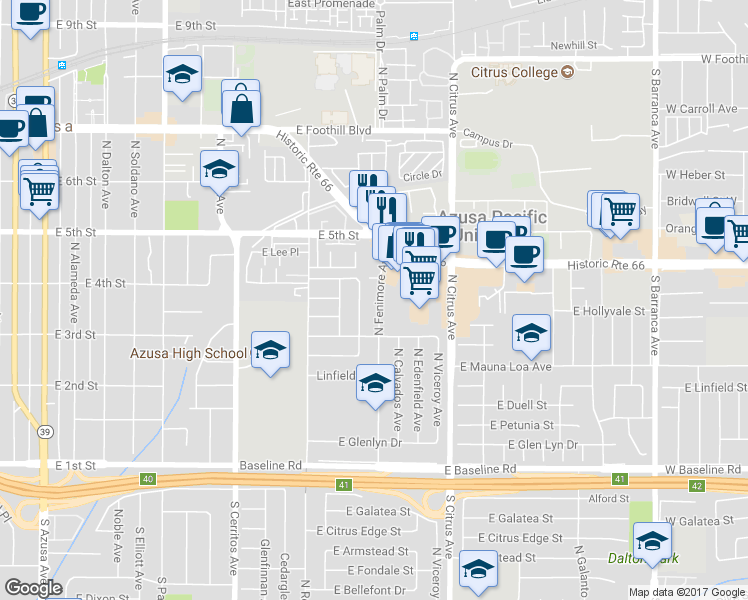 map of restaurants, bars, coffee shops, grocery stores, and more near 337 North Fenimore Avenue in Azusa