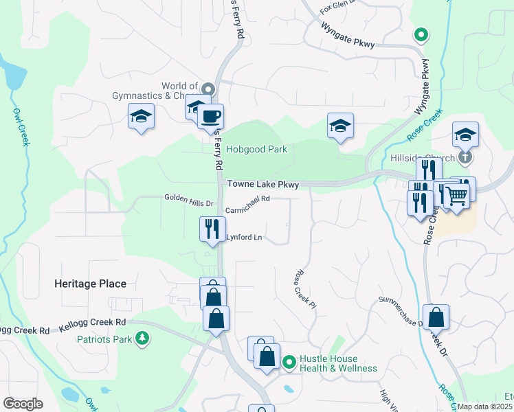 map of restaurants, bars, coffee shops, grocery stores, and more near 214 Carmichael Road in Woodstock