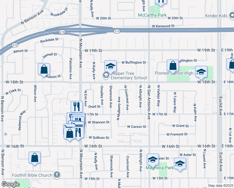 map of restaurants, bars, coffee shops, grocery stores, and more near 1765 North Mulberry Avenue in Upland