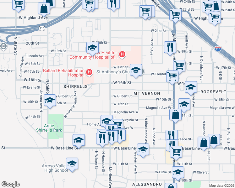 map of restaurants, bars, coffee shops, grocery stores, and more near 1578 West Gilbert Street in San Bernardino