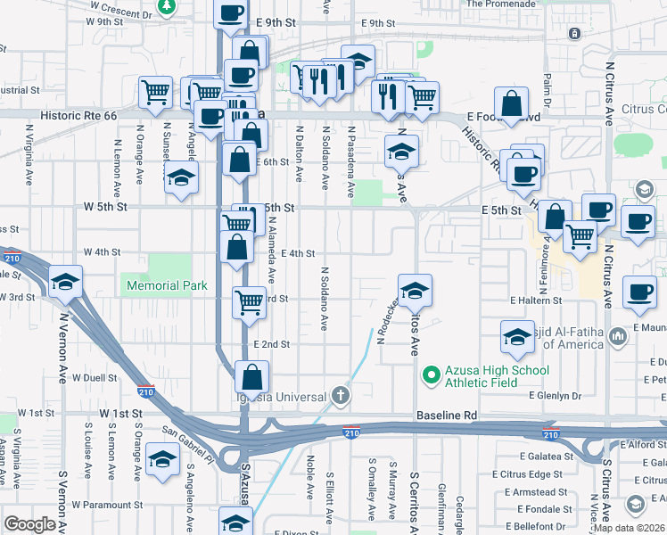 map of restaurants, bars, coffee shops, grocery stores, and more near 345 North Pasadena Avenue in Azusa