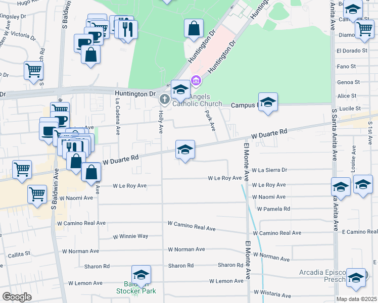 map of restaurants, bars, coffee shops, grocery stores, and more near 339 West Duarte Road in Arcadia