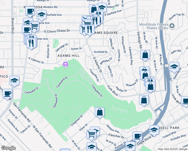 map of restaurants, bars, coffee shops, grocery stores, and more near 1441 Columbia Drive in Glendale