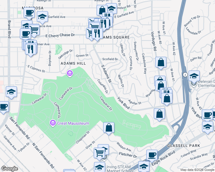 map of restaurants, bars, coffee shops, grocery stores, and more near 1505 Wellesley Drive in Glendale