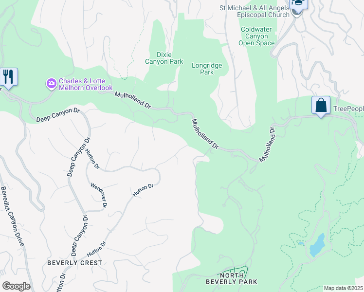 map of restaurants, bars, coffee shops, grocery stores, and more near 9719 Blantyre Drive in Beverly Hills