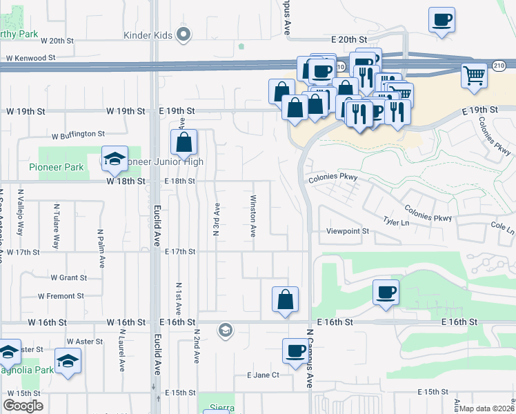 map of restaurants, bars, coffee shops, grocery stores, and more near 1764 Winston Avenue in Upland