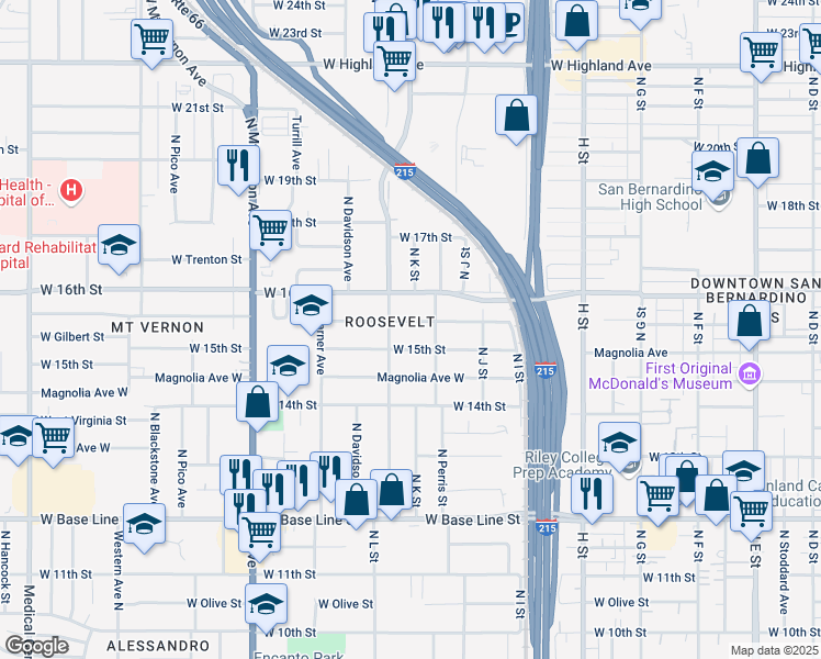 map of restaurants, bars, coffee shops, grocery stores, and more near 1079 West Evans Street in San Bernardino