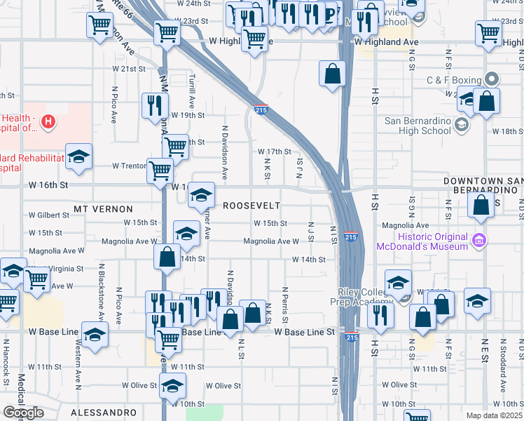 map of restaurants, bars, coffee shops, grocery stores, and more near 1085 West Evans Street in San Bernardino