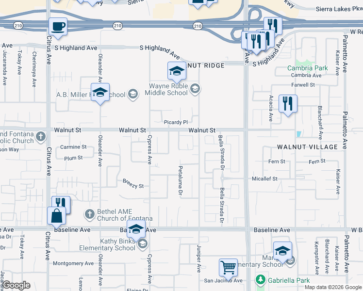 map of restaurants, bars, coffee shops, grocery stores, and more near 6967 Madison Lane in Fontana