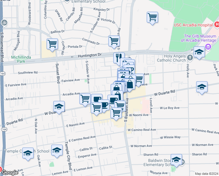 map of restaurants, bars, coffee shops, grocery stores, and more near 763 Arcadia Avenue in Arcadia