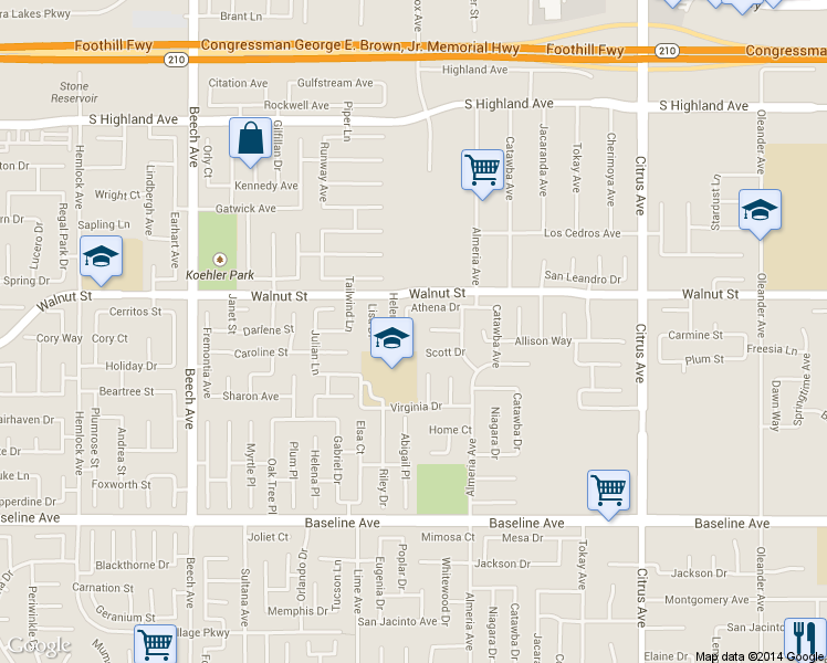 map of restaurants, bars, coffee shops, grocery stores, and more near 15717 Athena Drive in Fontana