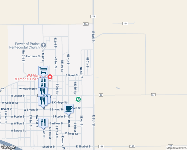 map of restaurants, bars, coffee shops, grocery stores, and more near Northeast 8th Street in Lockney