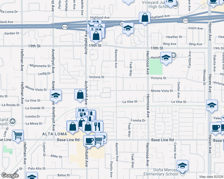 map of restaurants, bars, coffee shops, grocery stores, and more near 6993 Arlington Place in Rancho Cucamonga