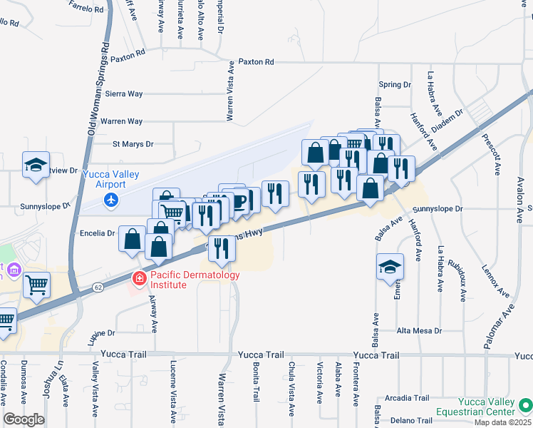 map of restaurants, bars, coffee shops, grocery stores, and more near 57840 Twentynine Palms Highway in Yucca Valley