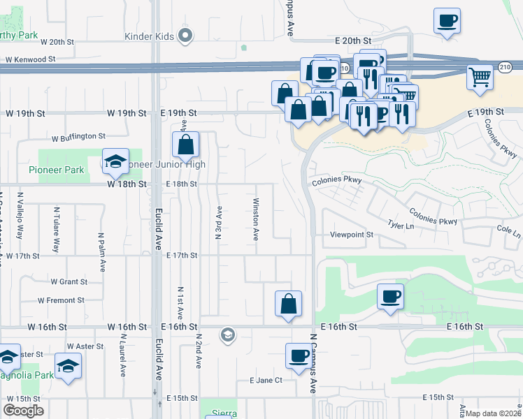 map of restaurants, bars, coffee shops, grocery stores, and more near 1764 Winston Avenue in Upland