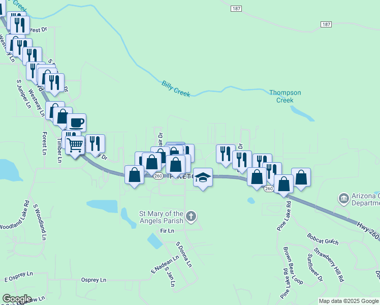 map of restaurants, bars, coffee shops, grocery stores, and more near 1335 South Penrod Drive in Pinetop-Lakeside
