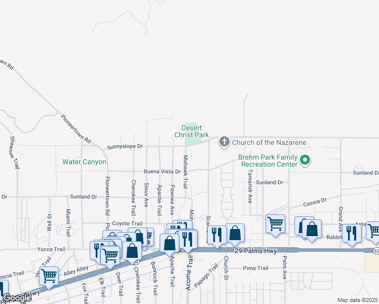 map of restaurants, bars, coffee shops, grocery stores, and more near 21 Aviation Drive in Yucca Valley